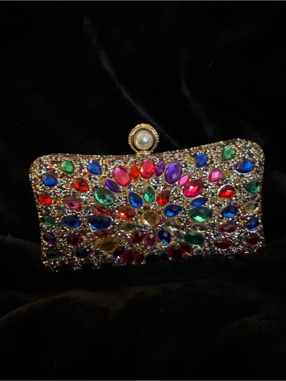 Multicolor Crystal Rhinestone Jeweled Minaudière Evening Clutch w/Chain StrapEUC